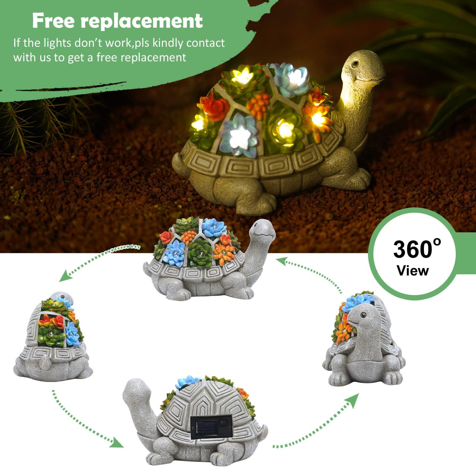 Nacome Solar Garden Outdoor Statues Turtle with Succulent and 7 LED Lights - Lawn Decor Tortoise Statue for Patio, Balcony, Yard Ornament - Unique Housewarming Gifts - CookCave
