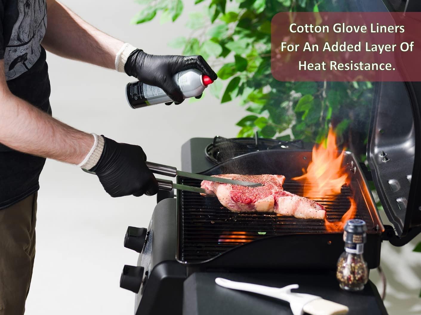Nechtik BBQ Gloves disposable - 4 Cotton Glove Liners and 100 Disposable Gloves - Machine Washable Cotton Liners - Powder Free, Latex Free Black Nitrile Gloves (100, XL) - CookCave