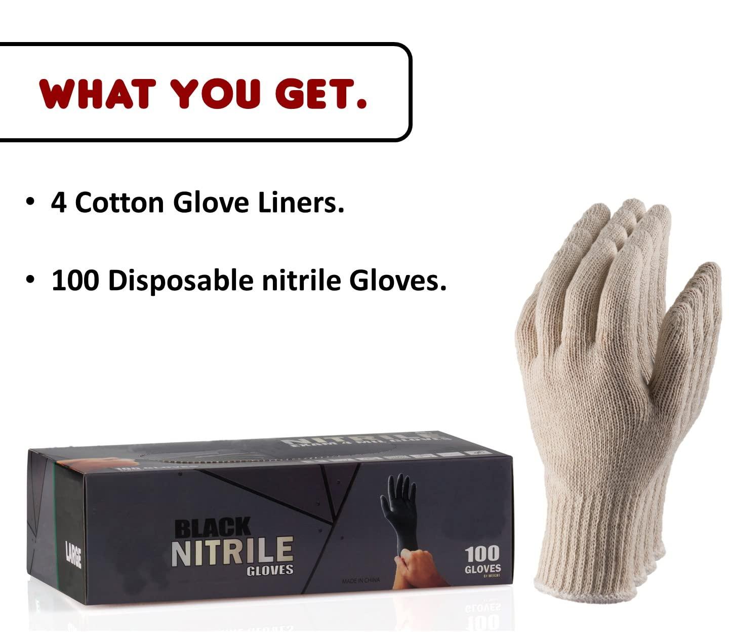 Nechtik BBQ Gloves disposable - 4 Cotton Glove Liners and 100 Disposable Gloves - Machine Washable Cotton Liners - Powder Free, Latex Free Black Nitrile Gloves (100, XL) - CookCave