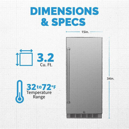 NewAir 15" Commerical Beverage Refrigerator | Weatherproof Stainless Steel Fridge | Built-In or Freestanding Outdoor Patio Fridge For Beer, Wine, Food NCR032SS00 - CookCave