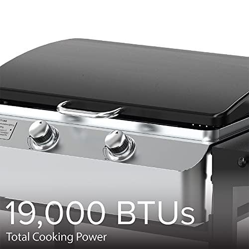Nexgrill Outdoor Cooking 2 Burner Propane Griddle Grill, 21.65" x 15" 323sq.in Portable Gas Griddle grill, Flat Top for Camping, Patio, Cart with Wheel, Side Shelves with Hooks, Black and Silver - CookCave