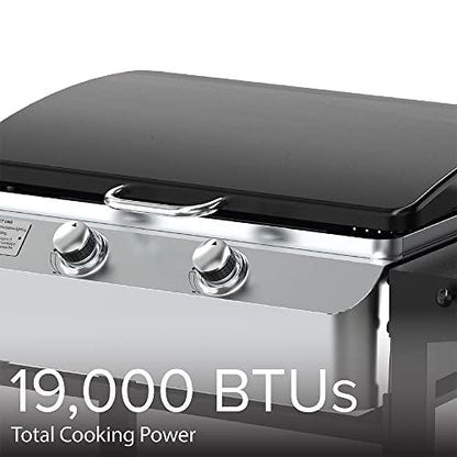 Nexgrill Outdoor Cooking 2 Burner Propane Griddle Grill, 21.65" x 15" 323sq.in Portable Gas Griddle grill, Flat Top for Camping, Patio, Cart with Wheel, Side Shelves with Hooks, Black and Silver - CookCave