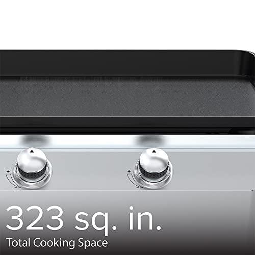 Nexgrill Outdoor Cooking 2 Burner Propane Griddle Grill, 21.65" x 15" 323sq.in Portable Gas Griddle grill, Flat Top for Camping, Patio, Cart with Wheel, Side Shelves with Hooks, Black and Silver - CookCave