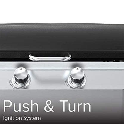 Nexgrill Outdoor Cooking 2 Burner Propane Griddle Grill, 21.65" x 15" 323sq.in Portable Gas Griddle grill, Flat Top for Camping, Patio, Cart with Wheel, Side Shelves with Hooks, Black and Silver - CookCave