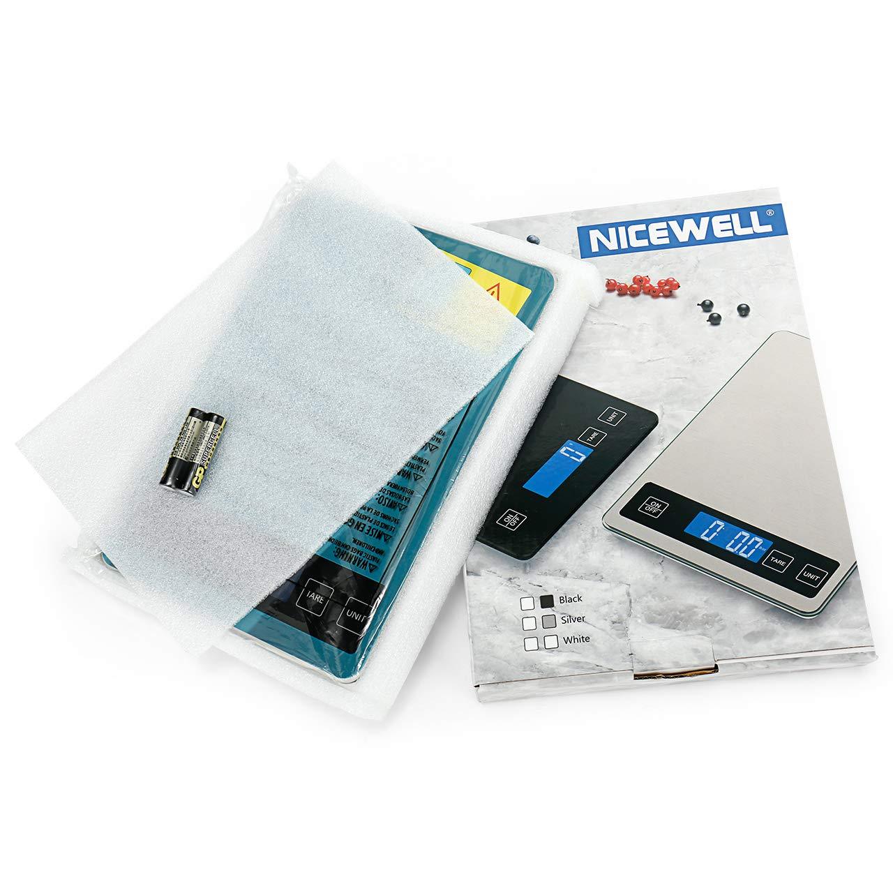 Nicewell Food Scale, 22lb Digital Kitchen Scale Weight Grams and oz for Cooking Baking, 1g/0.1oz Precise Graduation, Stainless Steel and Tempered Glass (Ash Silver) - CookCave