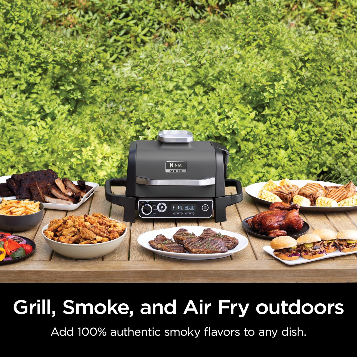 Ninja OG701 Woodfire Outdoor Grill & Smoker, 7-in-1 Master Grill, BBQ Smoker, & Air Fryer plus Bake, Roast, Dehydrate, & Broil, uses Ninja Woodfire Pellets, Weather-Resistant, Portable, Electric, Grey - CookCave