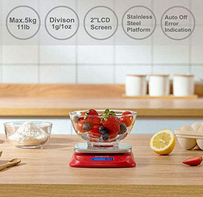 NUTRI FIT Ultra Slim Food Scale Digital Kitchen 1g Increment Measure in lb oz ml High Precision Weight in Grams and oz for Coffee Making, Meal Prep - Red/Stainless Steel - CookCave
