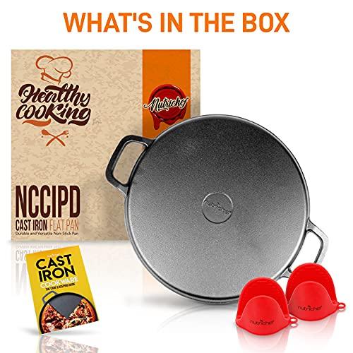 NutriChef 14" Cast Iron Baking Pan Steel Pizza W/Easy Grip Gas, Electric, Glass, Induction Cooker, Oven, & Grill/Campfire-2 Silicone Handles, avarage, Black - CookCave
