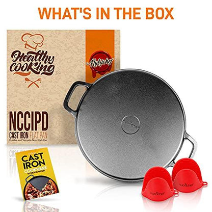 NutriChef 14" Cast Iron Baking Pan Steel Pizza W/Easy Grip Gas, Electric, Glass, Induction Cooker, Oven, & Grill/Campfire-2 Silicone Handles, avarage, Black - CookCave