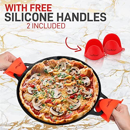 NutriChef 14" Cast Iron Baking Pan Steel Pizza W/Easy Grip Gas, Electric, Glass, Induction Cooker, Oven, & Grill/Campfire-2 Silicone Handles, avarage, Black - CookCave