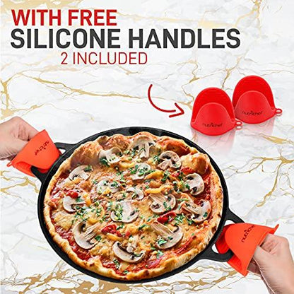 NutriChef 14" Cast Iron Baking Pan Steel Pizza W/Easy Grip Gas, Electric, Glass, Induction Cooker, Oven, & Grill/Campfire-2 Silicone Handles, avarage, Black - CookCave
