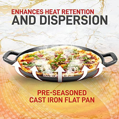 NutriChef 14" Cast Iron Baking Pan Steel Pizza W/Easy Grip Gas, Electric, Glass, Induction Cooker, Oven, & Grill/Campfire-2 Silicone Handles, avarage, Black - CookCave