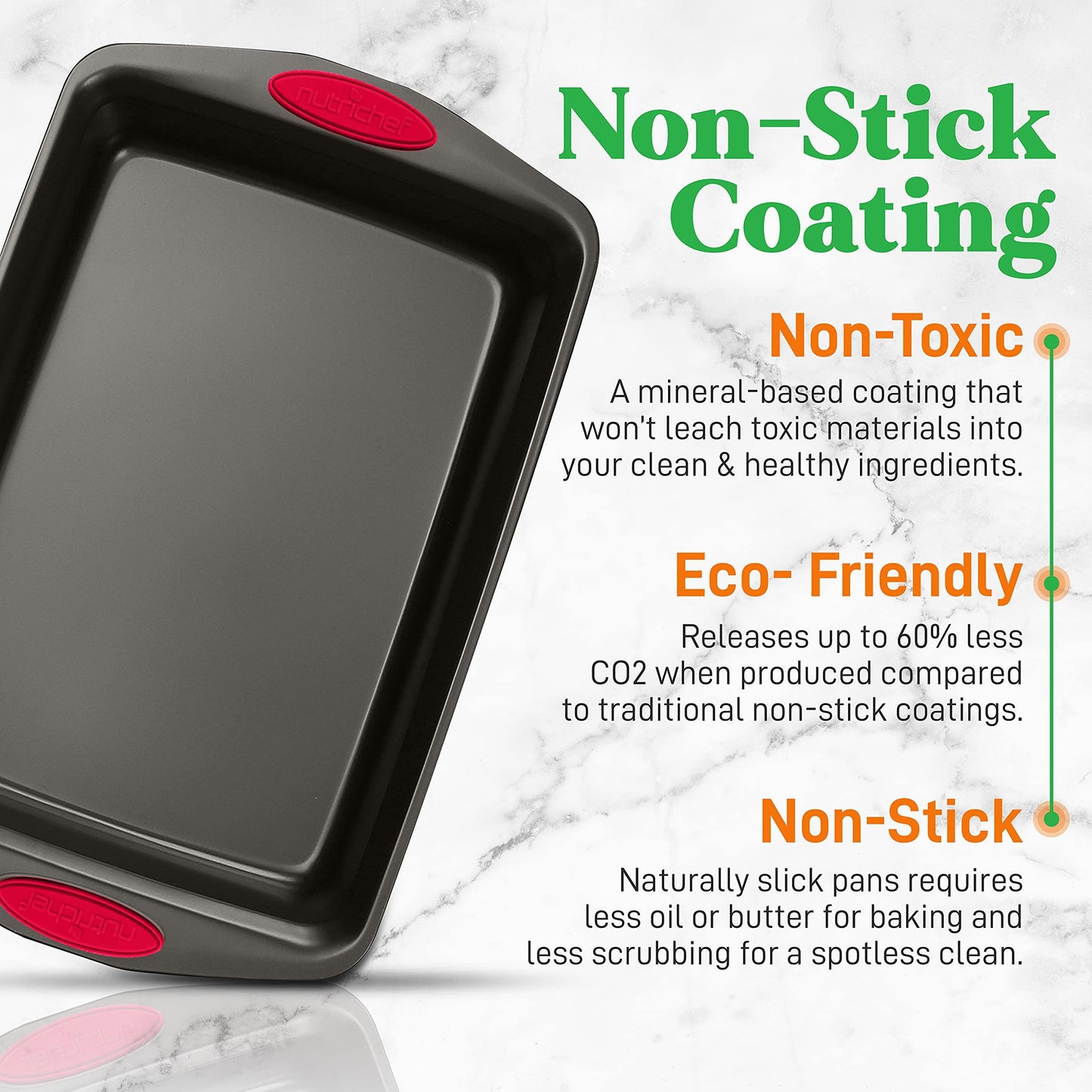 NutriChef 2-Piece Baking Pan Set - PFOA, PFOS, PTFE Free Flexible Nonstick Black Coating Carbon Steel Bakeware - Professional Home Kitchen Bake Cookie Sheet Stackable Tray w/Red Silicone Handles - CookCave