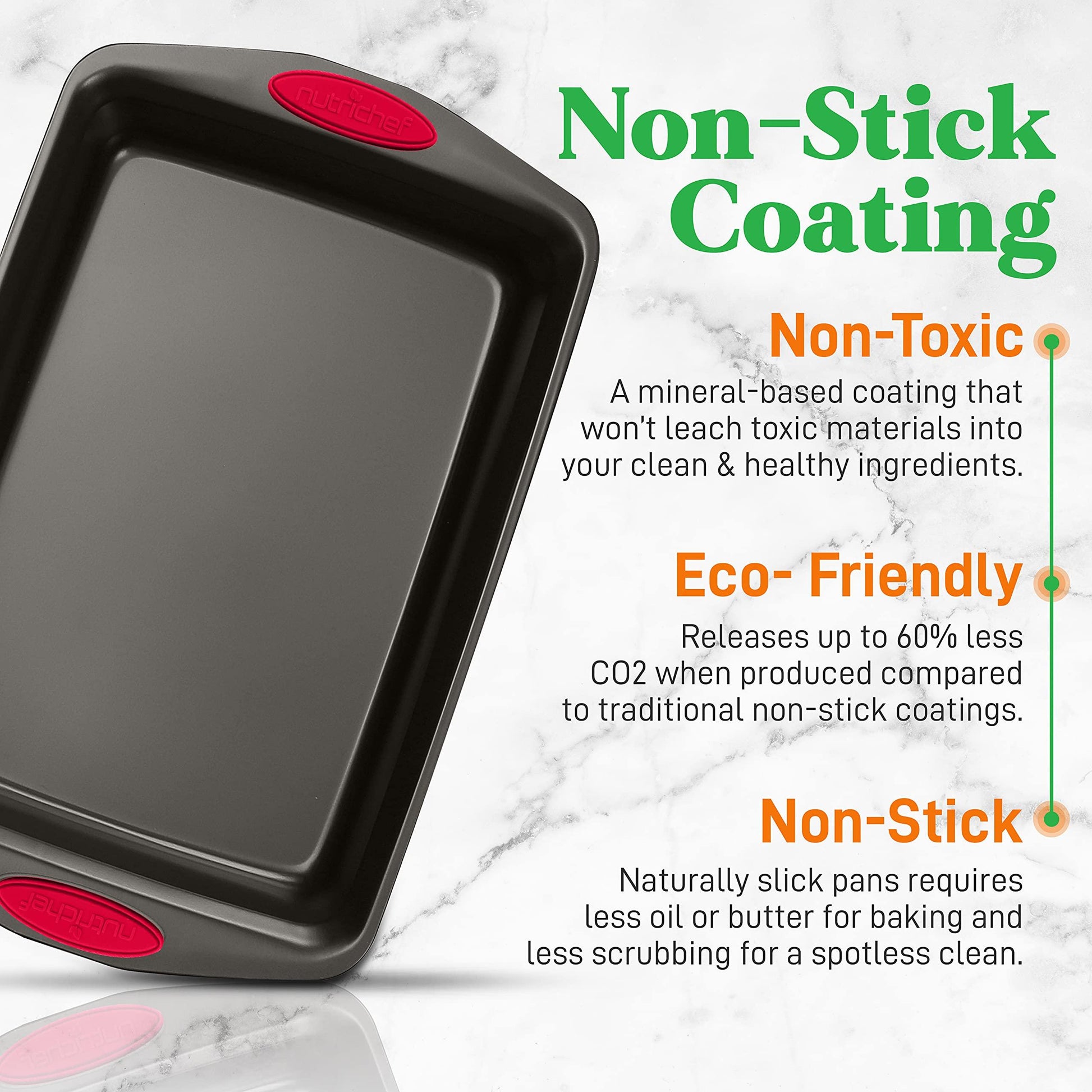 NutriChef 2-Piece Baking Pan Set - PFOA, PFOS, PTFE Free Flexible Nonstick Black Coating Carbon Steel Bakeware - Professional Home Kitchen Bake Cookie Sheet Stackable Tray w/Red Silicone Handles - CookCave