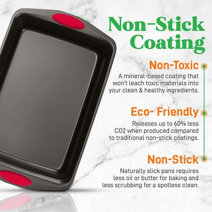 NutriChef 2-Piece Baking Pan Set - PFOA, PFOS, PTFE Free Flexible Nonstick Black Coating Carbon Steel Bakeware - Professional Home Kitchen Bake Cookie Sheet Stackable Tray w/Red Silicone Handles - CookCave