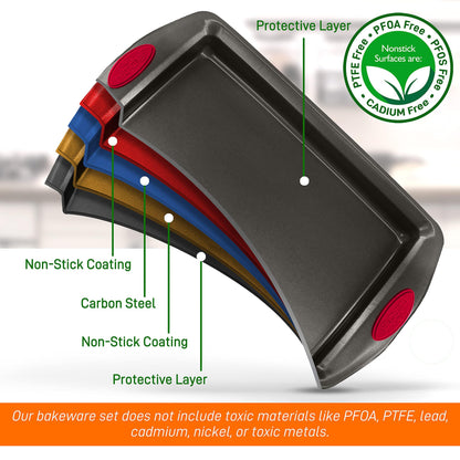 NutriChef 2-Piece Baking Pan Set - PFOA, PFOS, PTFE Free Flexible Nonstick Black Coating Carbon Steel Bakeware - Professional Home Kitchen Bake Cookie Sheet Stackable Tray w/Red Silicone Handles - CookCave