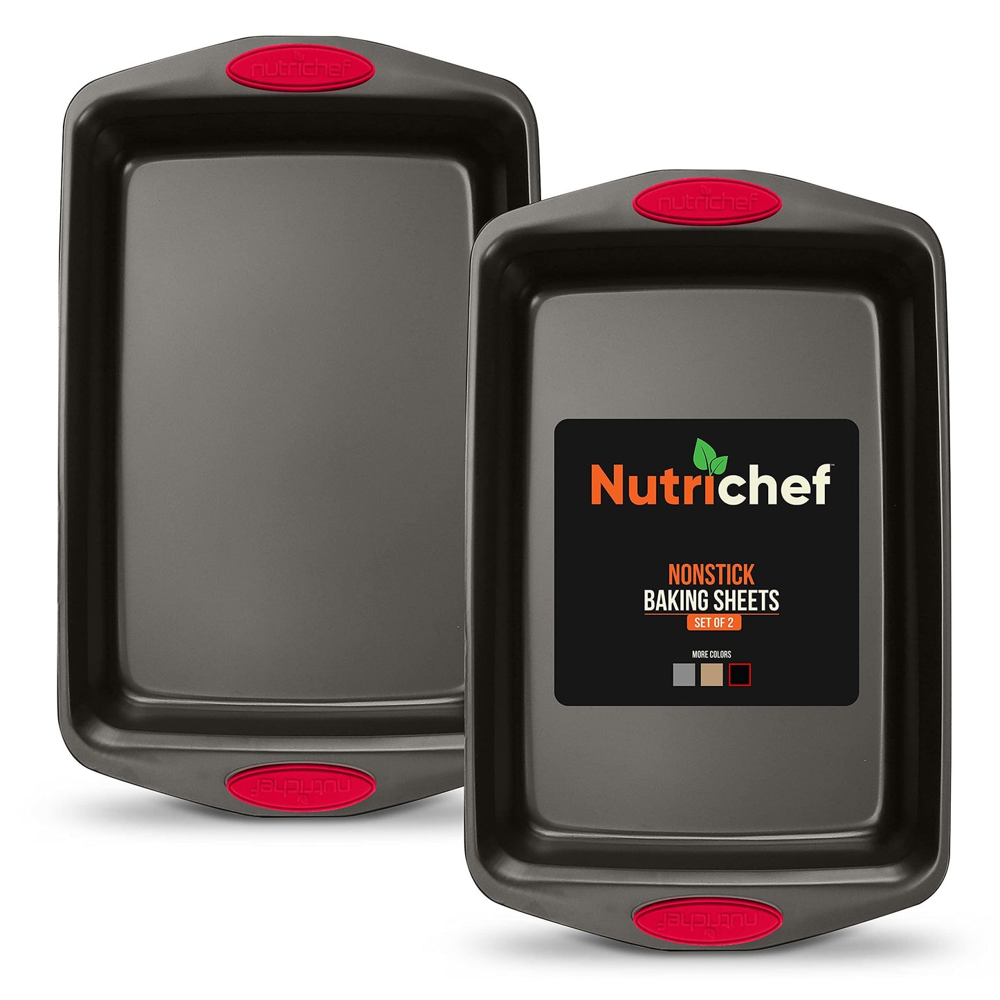 NutriChef 2-Piece Baking Pan Set - PFOA, PFOS, PTFE Free Flexible Nonstick Black Coating Carbon Steel Bakeware - Professional Home Kitchen Bake Cookie Sheet Stackable Tray w/Red Silicone Handles - CookCave