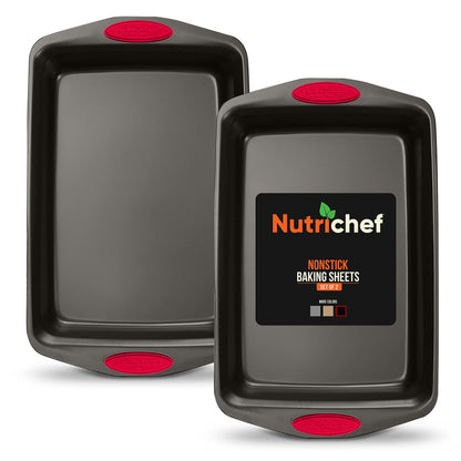 NutriChef 2-Piece Baking Pan Set - PFOA, PFOS, PTFE Free Flexible Nonstick Black Coating Carbon Steel Bakeware - Professional Home Kitchen Bake Cookie Sheet Stackable Tray w/Red Silicone Handles - CookCave