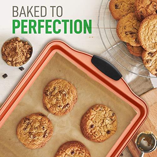 NutriChef 5 Piece Baking Pan Set - PFOA, PFOS, PTFE Free Flexible Nonstick Carbon Steel Bakeware Set - Home Kitchen Bake Pan Cookie Sheet Stackable Baking Tray Set w/Red Silicone Handles NC5PCS - CookCave