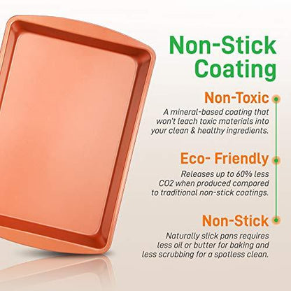 NutriChef 5 Piece Baking Pan Set - PFOA, PFOS, PTFE Free Flexible Nonstick Carbon Steel Bakeware Set - Home Kitchen Bake Pan Cookie Sheet Stackable Baking Tray Set w/Red Silicone Handles NC5PCS - CookCave