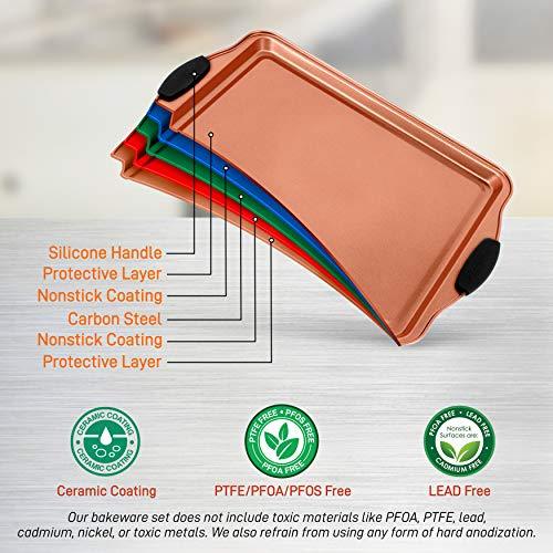 NutriChef 5 Piece Baking Pan Set - PFOA, PFOS, PTFE Free Flexible Nonstick Carbon Steel Bakeware Set - Home Kitchen Bake Pan Cookie Sheet Stackable Baking Tray Set w/Red Silicone Handles NC5PCS - CookCave