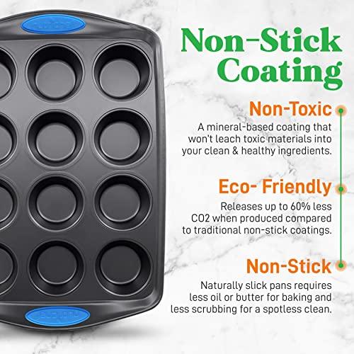 NutriChef 6-Piece Baking Pan Set - PFOA, PFOS, PTFE Free Flexible Nonstick Gray Coating Carbon Steel Bakeware - Professional Home Kitchen Bake Cookie Sheet Stackable Tray w/Blue Silicone Handles - CookCave