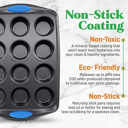 NutriChef 6-Piece Baking Pan Set - PFOA, PFOS, PTFE Free Flexible Nonstick Gray Coating Carbon Steel Bakeware - Professional Home Kitchen Bake Cookie Sheet Stackable Tray w/Blue Silicone Handles - CookCave