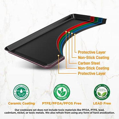 NutriChef 8-Piece Nonstick Stackable Bakeware Set - PFOA, PFOS, PTFE Free Baking Tray Set w/Non-Stick Coating, 450°F Oven Safe, Round Cake, Loaf, Muffin, Wide/Square Pans, Cookie Sheet (Plum) - CookCave