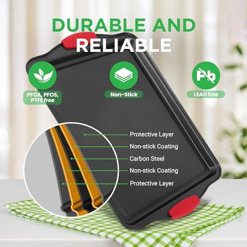 NutriChef Non-Stick Kitchen Oven Baking Pans-Deluxe & Stylish Nonstick Gray Coating Inside Outside, Commercial Grade Restaurant Quality Metal Bakeware with Red Silicone Handles NCSBS3S, 3 Piece Set - CookCave