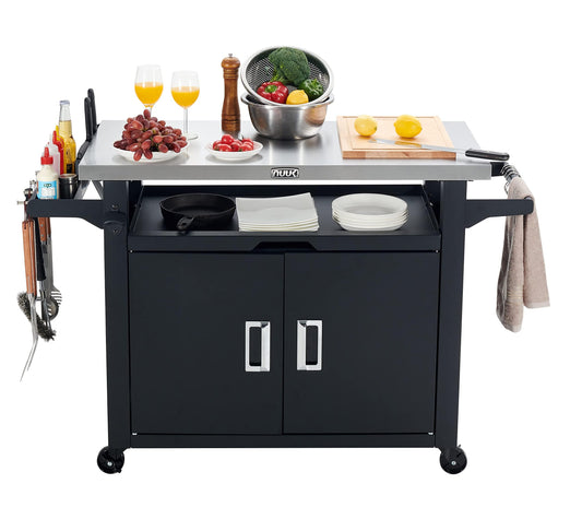 NUUK Pro 42-Inch Rolling Outdoor Kitchen Island and BBQ Serving Cart, with Heavy Duty Wooden Cutting Board and Propane Tank Holder - CookCave