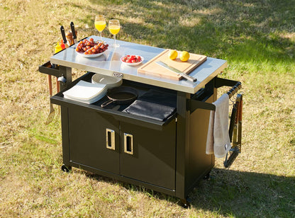 NUUK Pro 42-Inch Rolling Outdoor Kitchen Island and BBQ Serving Cart, with Heavy Duty Wooden Cutting Board and Propane Tank Holder - CookCave