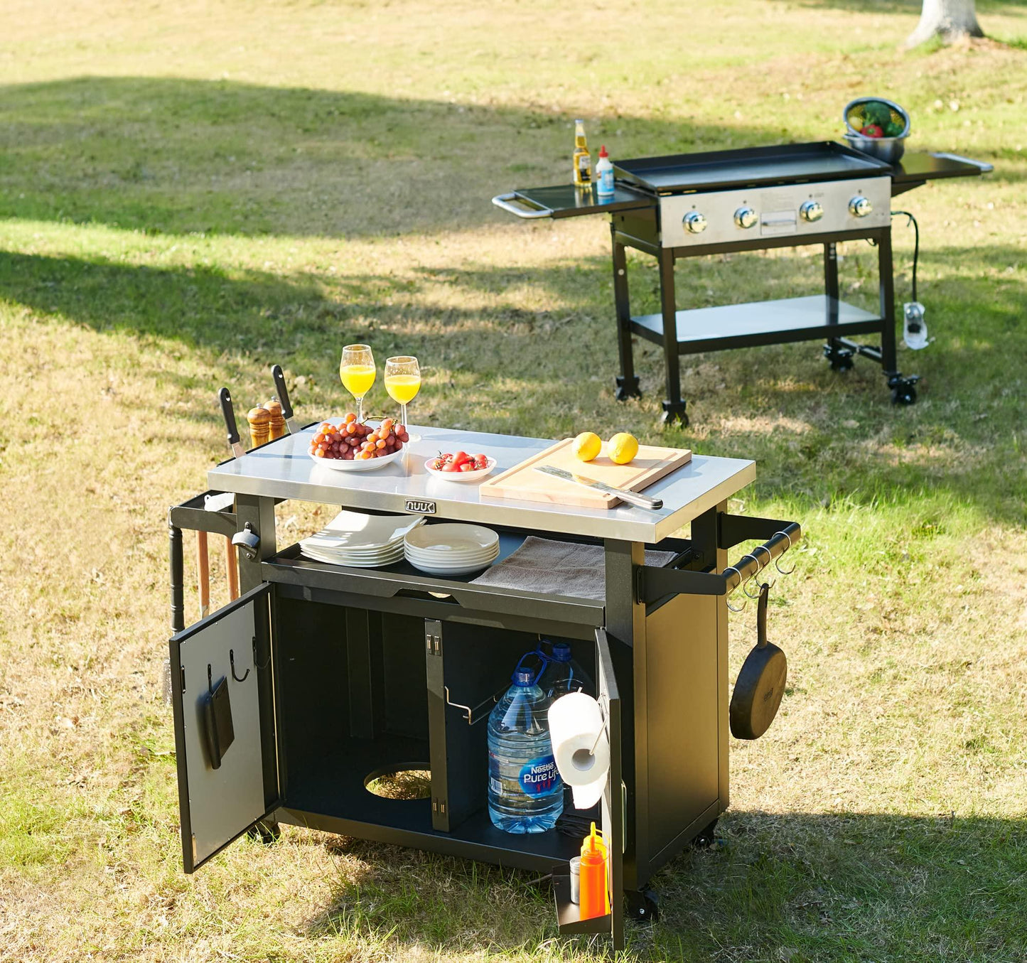 NUUK Pro 42-Inch Rolling Outdoor Kitchen Island and BBQ Serving Cart, with Heavy Duty Wooden Cutting Board and Propane Tank Holder - CookCave