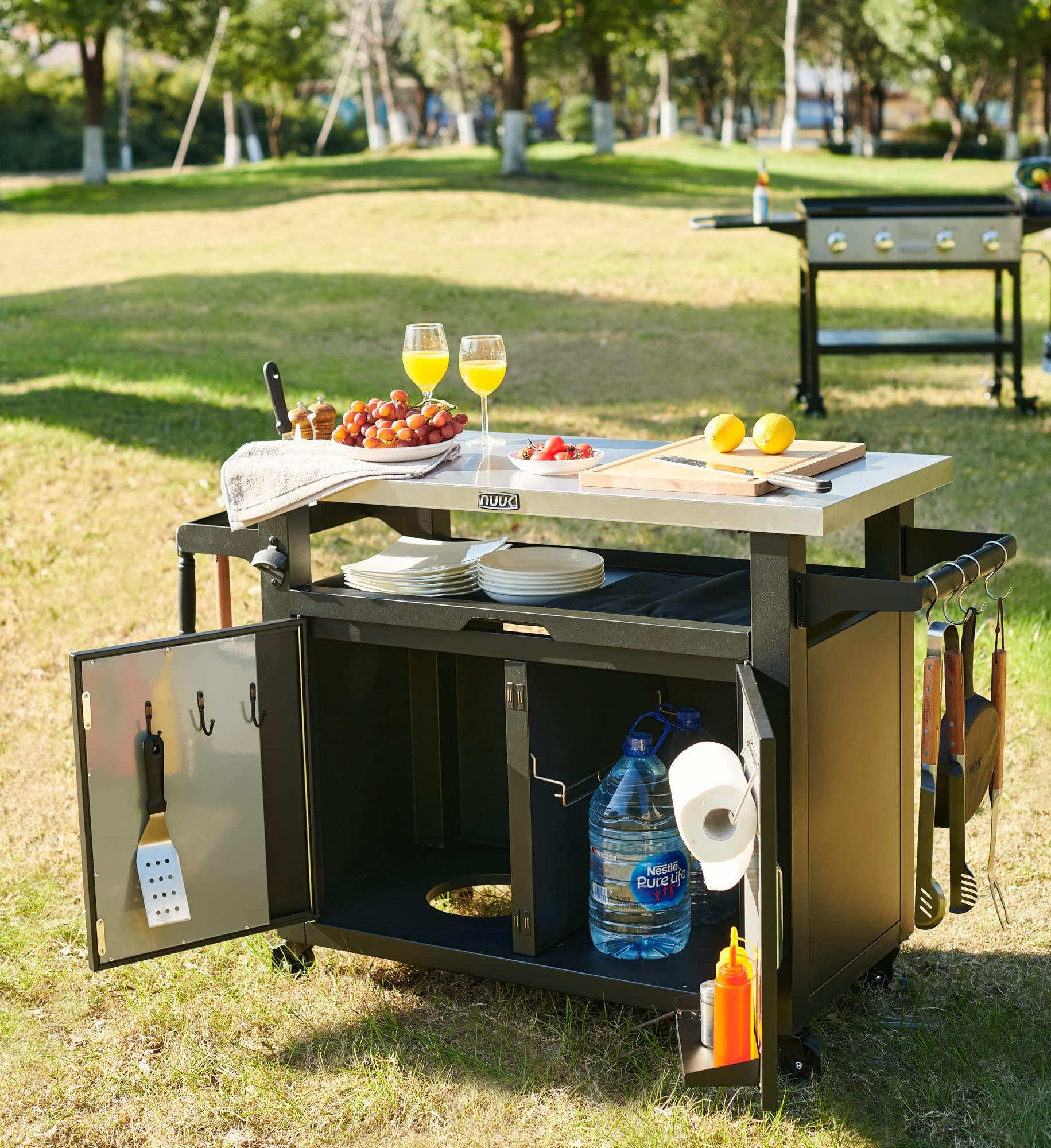 NUUK Pro 42-Inch Rolling Outdoor Kitchen Island and BBQ Serving Cart, with Heavy Duty Wooden Cutting Board and Propane Tank Holder - CookCave