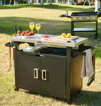 NUUK Pro 42-Inch Rolling Outdoor Kitchen Island and BBQ Serving Cart, with Heavy Duty Wooden Cutting Board and Propane Tank Holder - CookCave