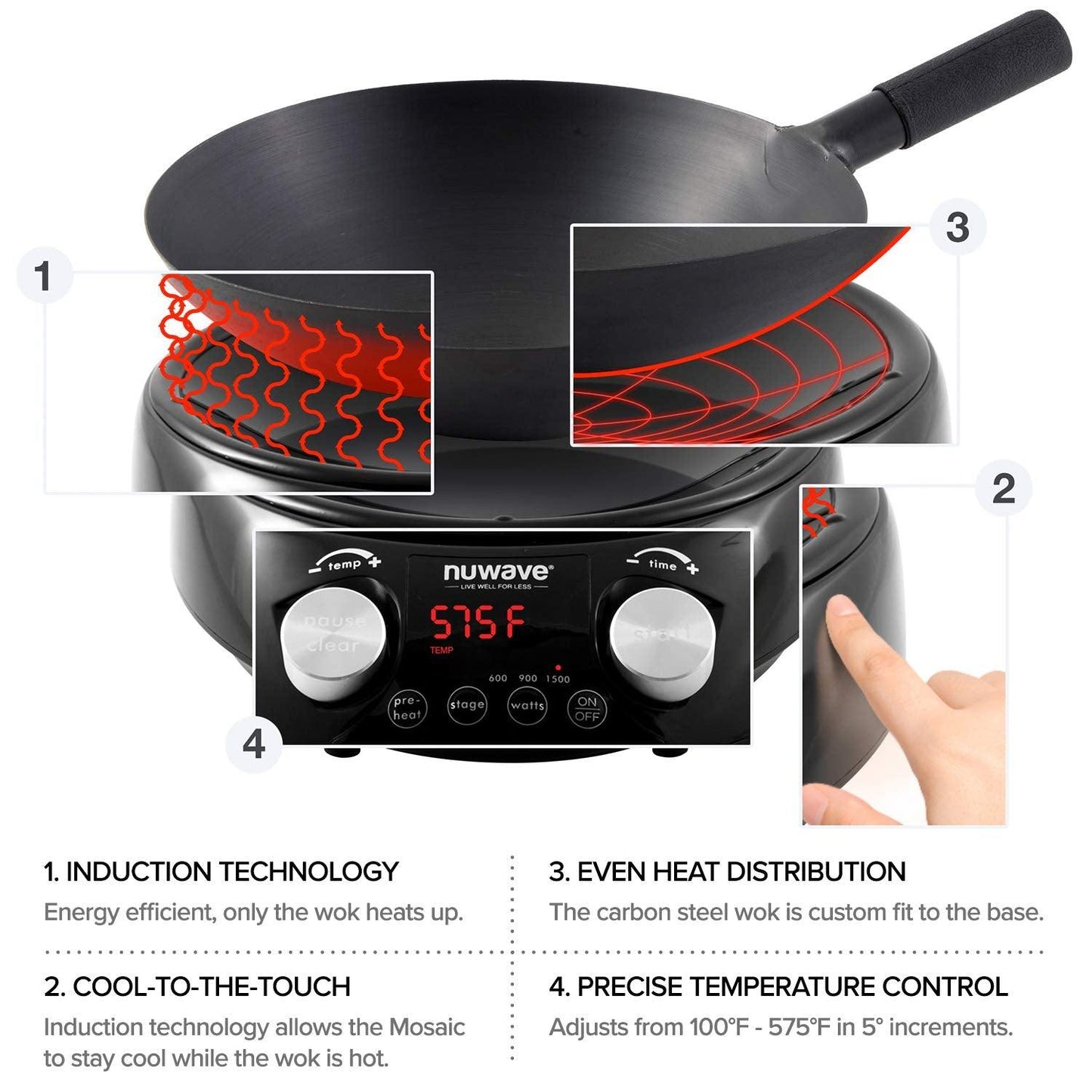 Nuwave Mosaic Induction Wok, Precise Temp Controls from 100°F to 575°F in 5°F, Wok Hei, Infuse Complex Charred Aroma & Flavor, 3 Watts 600, 900 & 1500, Authentic 14-inch Carbon Steel Wok Included - CookCave