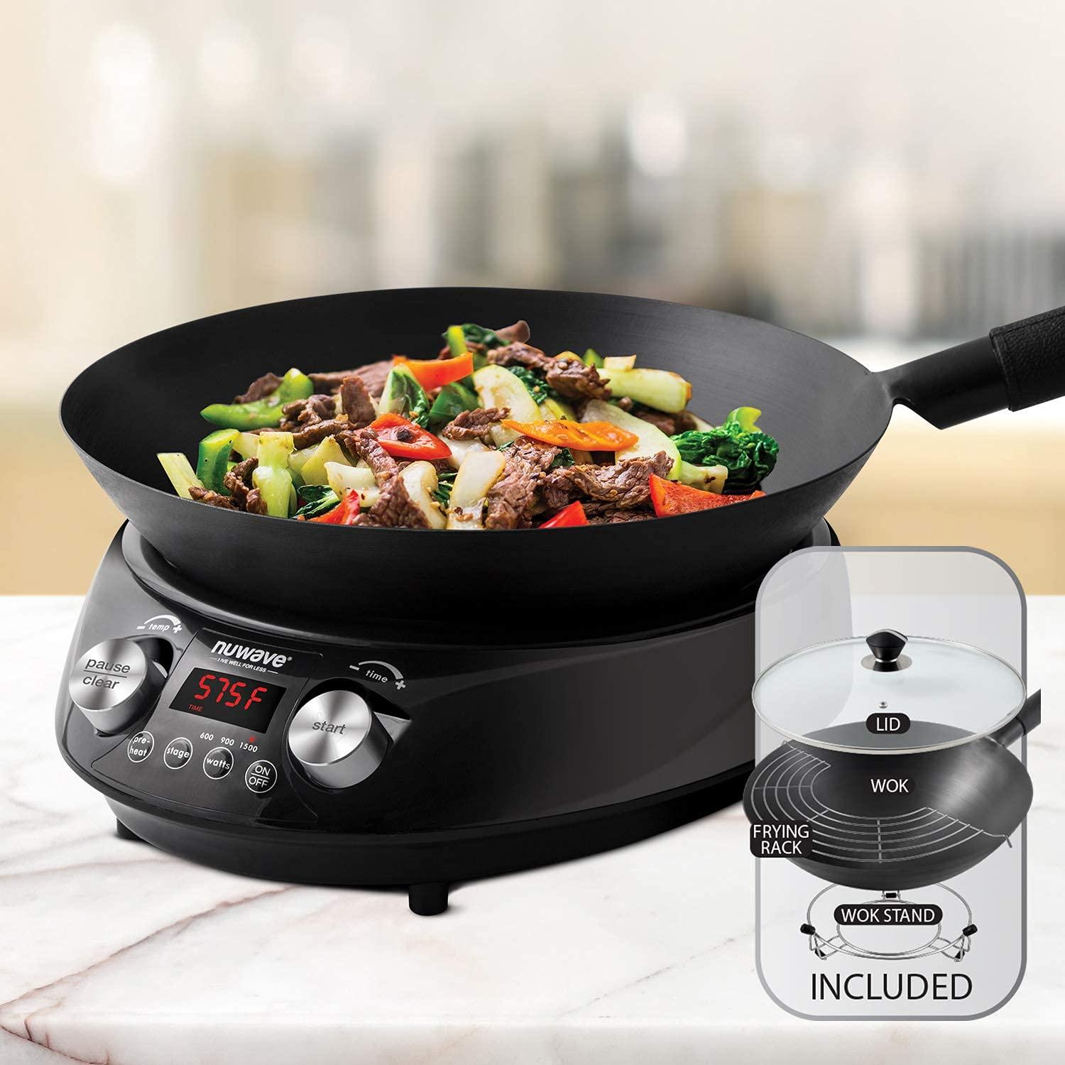 Nuwave Mosaic Induction Wok, Precise Temp Controls from 100°F to 575°F in 5°F, Wok Hei, Infuse Complex Charred Aroma & Flavor, 3 Watts 600, 900 & 1500, Authentic 14-inch Carbon Steel Wok Included - CookCave