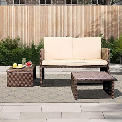 OC Orange-Casual Outdoor Loveseat 3 Piece Patio Furniture Set Outdoor Conversation Set All-Weather Wicker Love Seat with Ottoman/Side Table, Brown Rattan, Beige Cushion - CookCave