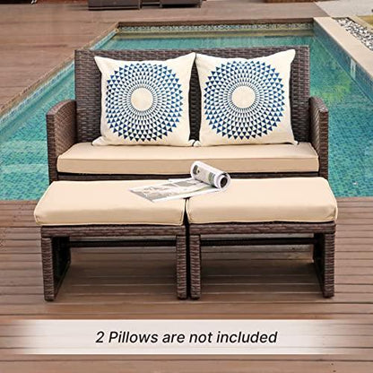 OC Orange-Casual Outdoor Loveseat 3 Piece Patio Furniture Set Outdoor Conversation Set All-Weather Wicker Love Seat with Ottoman/Side Table, Brown Rattan, Beige Cushion - CookCave