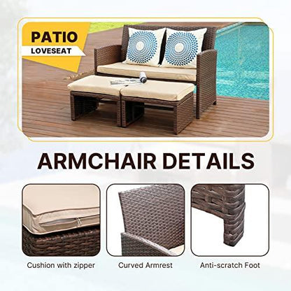 OC Orange-Casual Outdoor Loveseat 3 Piece Patio Furniture Set Outdoor Conversation Set All-Weather Wicker Love Seat with Ottoman/Side Table, Brown Rattan, Beige Cushion - CookCave