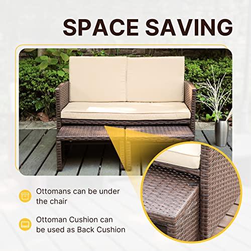 OC Orange-Casual Outdoor Loveseat 3 Piece Patio Furniture Set Outdoor Conversation Set All-Weather Wicker Love Seat with Ottoman/Side Table, Brown Rattan, Beige Cushion - CookCave