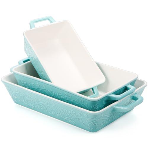 Okllen Set of 3 Casserole Dishes for Oven, Ceramic Baking Dishes with Handles, Rectangular Lasagna Pan Bakeware Set for Baking Cooking, Roasting, Broiling, Gratin, Wedding & Housewarming Gift, Blue - CookCave