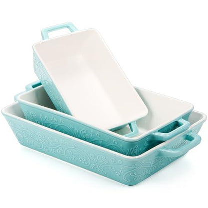 Okllen Set of 3 Casserole Dishes for Oven, Ceramic Baking Dishes with Handles, Rectangular Lasagna Pan Bakeware Set for Baking Cooking, Roasting, Broiling, Gratin, Wedding & Housewarming Gift, Blue - CookCave