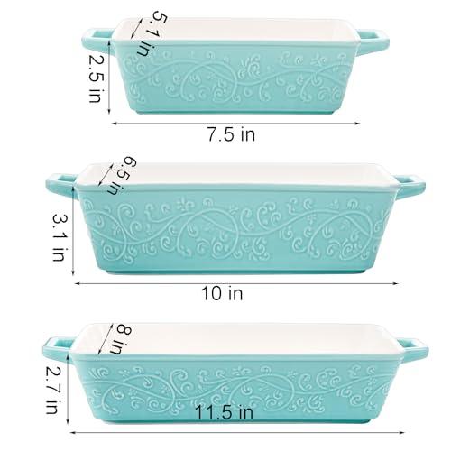 Okllen Set of 3 Casserole Dishes for Oven, Ceramic Baking Dishes with Handles, Rectangular Lasagna Pan Bakeware Set for Baking Cooking, Roasting, Broiling, Gratin, Wedding & Housewarming Gift, Blue - CookCave