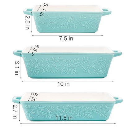 Okllen Set of 3 Casserole Dishes for Oven, Ceramic Baking Dishes with Handles, Rectangular Lasagna Pan Bakeware Set for Baking Cooking, Roasting, Broiling, Gratin, Wedding & Housewarming Gift, Blue - CookCave