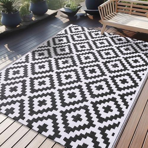 OLANLY Waterproof Outdoor Rug 5x8 ft, Reversible Plastic Straw Patio Rug for Camping, RV Mat Outside, Indoor Outdoor Carpet for Porch, Deck, Backyard, Camper, Balcony, Picnic, Black & White - CookCave