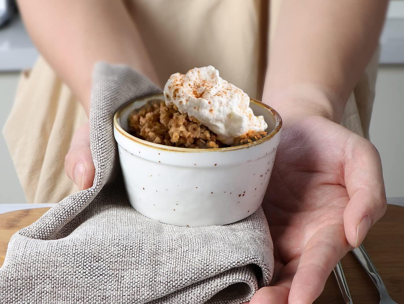 ONEMORE Ramekins 6 oz Oven Safe, Ceramic Souffle Dishes Baking Cups for Creme Brulee Pudding Custard Ice Cream Charcuterie Board Mini Bowls Set of 6 - Creamy White - CookCave