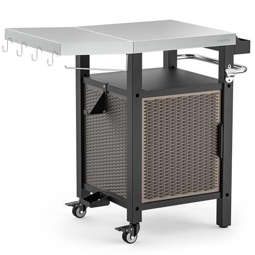 Onlyfire Portable Outdoor Table and Storage Cabinet with Large Stainless Steel Countertop and Wheels, Dining Cart Table with Side Shelf for Indoor Outdoor, Rolling Kitchen Island Worktable - CookCave