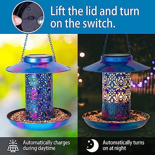 Ottsuls Solar Bird Feeder for Outdoors Hanging, Metal Wild Cardinals Garden Lantern with S Hook, Weatherproof and Water Resistant Birdfeeders as Gift Idea for Bird Lovers (Blue) - CookCave