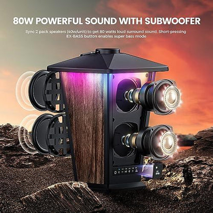 Outdoor Bluetooth Speaker Waterproof, 80W True Wireless Stereo Sound with Punchy Bass, Multi-Connect up to 100 Speakers, 4 Adjustable Modes Beat-Driven Lights, Party/Patio/Pool Side/Porch, 2 Pack - CookCave