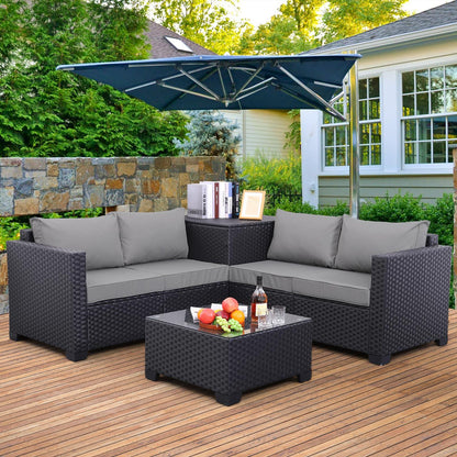 Outdoor PE Wicker Patio Furniture Set 4 Piece Black Rattan Sectional Loveseat Couch Set Conversation Sofa with Storage Box Glass Top Table and Non-Slip Grey Cushion - CookCave
